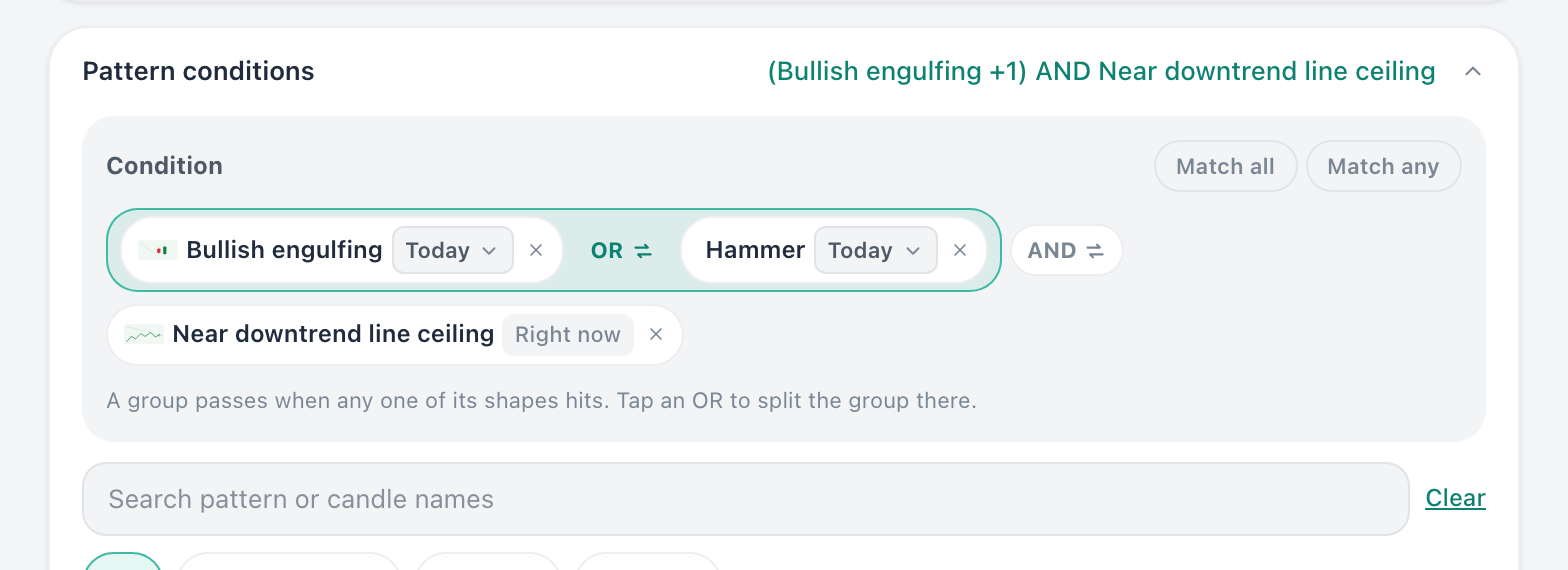 "(Bullish engulfing OR Hammer) AND Near downtrend line ceiling" — the shapes you picked, standing as a sentence.