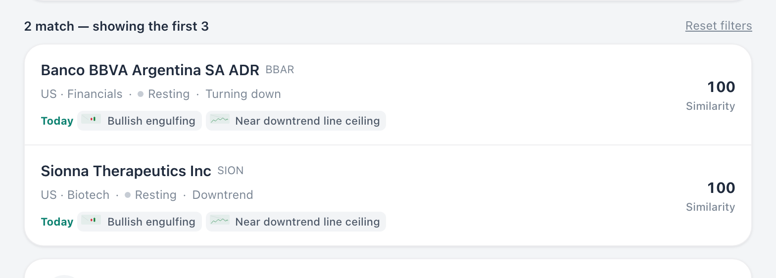 Matching stocks stand in a list right below the conditions, each with chips naming the signals it carries.
